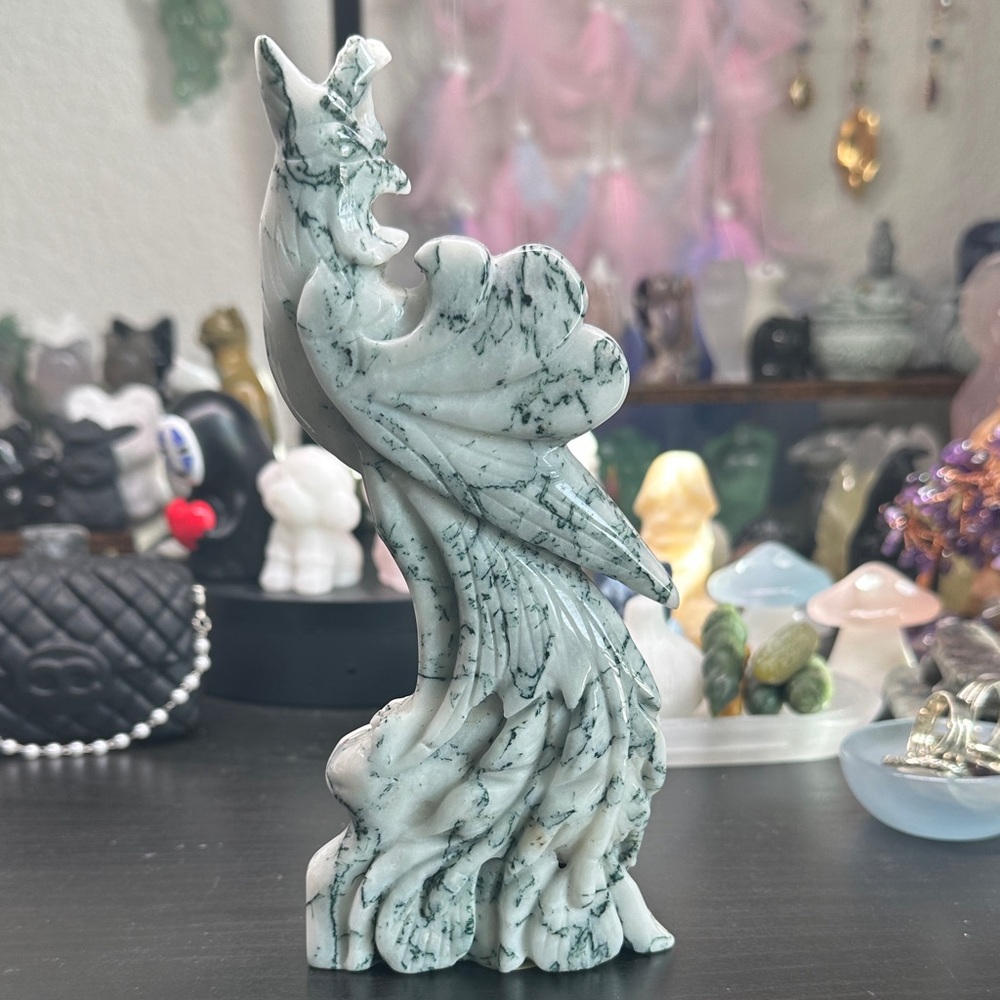 Moss Agate Phoenix Sculpture - Picture 4 of 6